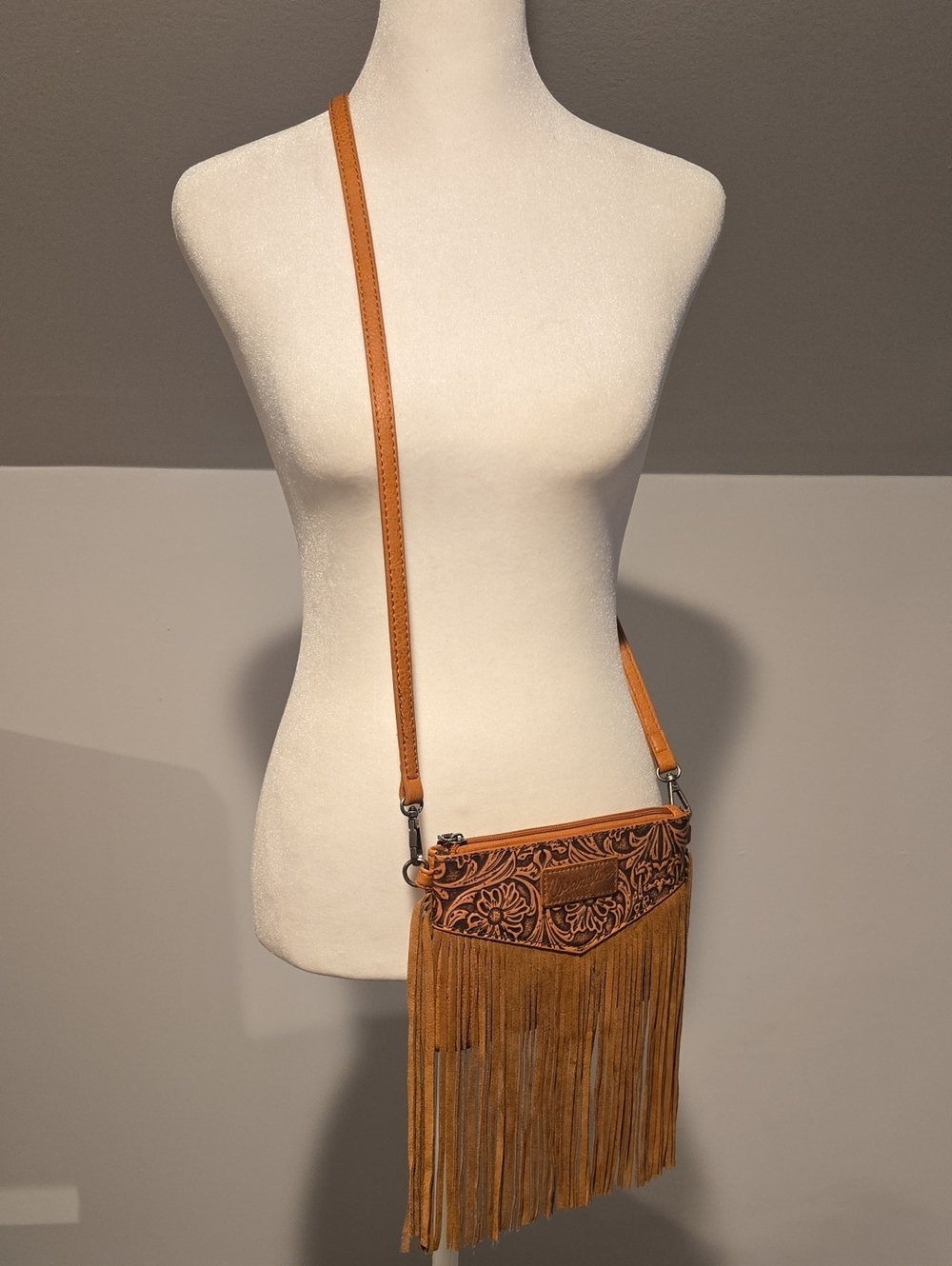 Wrangler Fringed Floral Tooled Leather Crossbody Bag - Tan